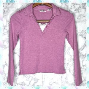 Energie Girls Y2K Pink Layered Henley Top Lace Trim Long Sleeve M/L